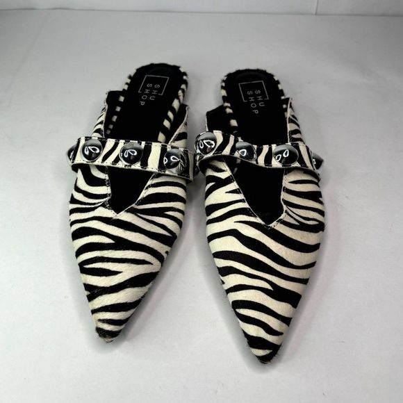 Shu Shop Alma Leather Zebra Hair Mules Ballerina Silver Pointed Toe Womens - Picture 6 of 10